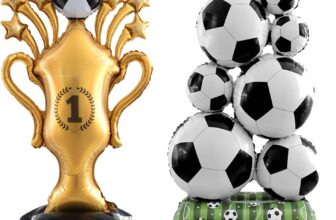2pcs Large Standing Soccer Balloons, Giant Soccer Trophy Balloon, Black-White Gold Foil Soccer Party Balloons Set, Sports Themed Decor for Indoor Outdoor Birthday Party Celebration (B)