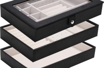 3 Layer Jewellery Trays Stackable Jewellery Organiser Tray with Clear Lid, Jewellery Display Tray for Drawer Large Jewellery Box for Dressing Table (black, 3 layer attach the lid)