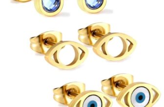 3-Pair Set Geometric Crystal & Evil Eye Stud Earrings, 18k PVD Gold Plated Stainless Steel Mixed Shape Earrings