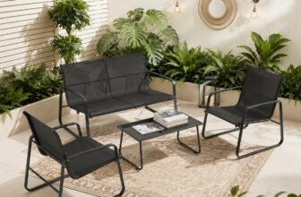 4-Piece Patio Conversation Sets,Garden Furniture Set with Loveseat,2 Chairs & Tempered Glass Table,Breathable Textilene and Steel Frame for Garden,Balcony,Backyard,Black (Black, 4PC)
