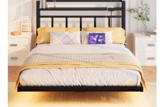 4ft6 Floating Metal Bed Frame with LED Lights, Storage Headboard