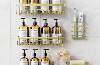 5 Pack Rustproof Stainless Steel Shower Caddy, Bathroom Storage Accessory Shelf Organiser Adhesive No Drilling Hanging, Soap Holder Set, Kitchen Wall Mounted Corner Decor, Gold