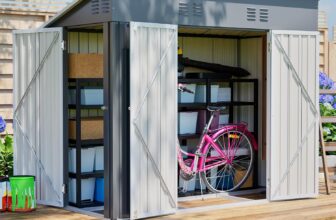 8×4 FT Metal Garden Shed, Outdoor Storage Shed with 3-Door, Gray Sloping Roof, Waterproof & UV Resistant, 4 Air Vents Includes 2 Locks, Gloves, Ground Nails For Backyard, Patio, Pet Room