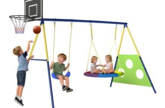 AIYAPLAY 4-in-1 Kids Swing Set with Swing, Basketball Hoop, Football Goal