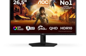 AOC Q27G41ZDF 27 inch WQHD Gaming Monitor 240Hz, QD-OLED Panel, 0.03ms GtG, HDR10, G-Sync, (2560×1440 HDMI 1x 2.0 DP 1x 1.4) Black