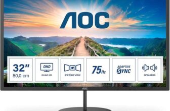 AOC Q32V4 32 inch WQHD Monitor 75Hz, IPS Panel, 4ms GtG, , Speakers, (2560×1440 HDMI 1x 1.4 DP 1x 1.2 ) Black