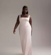 ASOS DESIGN Curve Bridesmaid satin square neck maxi dress in soft pink