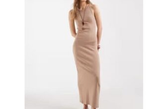 ASOS DESIGN Ribbed Tank Midi Dress in Stone