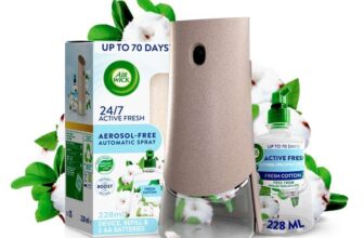 Air Wick Aerosol-Free Automatic Air Freshener Spray Kit, Fresh Cotton, 1 Gadget & 1 Refill (228ml), 24×7 Lasts Up to 70 Days