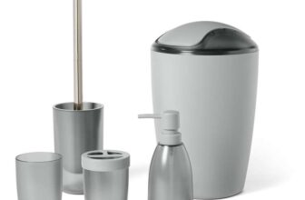 Amazon Basics Bathroom Accessory Set with Toothbrush Holder, Soap Dispenser, Soap Dish, Tumbler, Trash Can, Toilet Brush & Holder, Grey