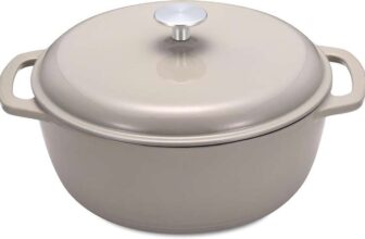 Amazon Basics Cast Iron Casserole Dish with Lid, Enamelled, Round, Heavy-Duty, 4.1 L, Linen Grey