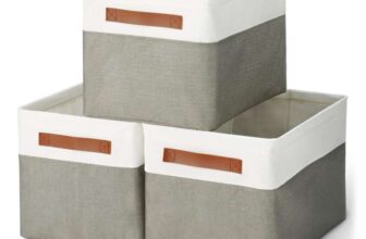 Amazon Basics Collapsible Storage Bins with Leather Handles, Charcoal, Large, Pack of 3