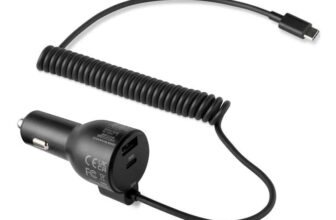 Amazon Basics Fast-Charging Car Charger for Phone and Tablet, Built-in 1.5m Coiled Cable USB-C, 60w, Black