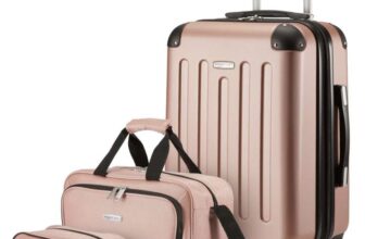 Amazon Basics Hardside Carry-On Spinner Luggage Set, 3-Piece, Carry-On Suitcase, Tote Bag, Compact Travel Bag