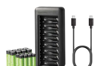 Amazon Basics Rechargeable NiMh AAA 800mAh 8-Pack AA 2000mAh 8-Pack, With 8-Bay Battery Charger, No AC Power Adapter, USB-C Port – Black