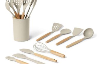 Amazon Basics Silicone Cooking Utensils Set with Wooden Handle, 14-Piece Set, BPA-Free, Utensil Holder Included, Linen Gray