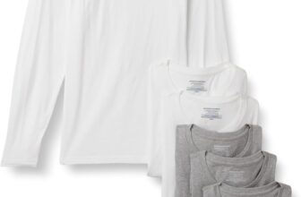 Amazon Essentials Mens Vests – Slim-Fit Cotton Crew Neck, Short and Long Sleeve T Shirt, Pack of 6, Undershirt and Vests for Men