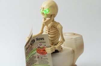 Animated LED Skeleton Figure Toilet Skeleton with Sound Activation, Motion, and Glowing Eyes Spooky Halloween Décor for Indoor Displays
