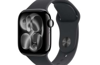 Apple Watch Series 11 GPS 42mm Smartwatch with Jet Black Aluminium Case with Black Sport Band S/M