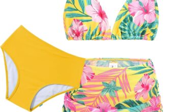 Arshiner Girls 3 Piece Bikini Set Kids Halterneck Swimsuit Set with Drawstring Cover-Up Skirt Summer Beach Surfer Swimwear Bathing Suit for Girl 7-15 Years