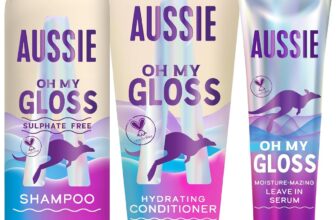 Aussie Oh My Gloss Shampoo & Conditioner Set Leave in Serum Hair Treatment (300/200/160ml). Moisture & Shine Booster for Dull Hair, with Jojoba, Safflower & Macadamia Nut Oils. Vegan, Cruelty-Free