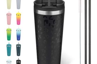 BJPKPK 26oz Insulated Tumbler with lid and Straw Stainless Steel, Black Leopard