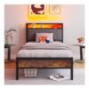 BORPHOM 3ft Bed with Storage, LED Lights, Charging Station, Brown