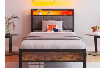 BORPHOM 3ft Bed with Storage, LED Lights, Charging Station, Brown