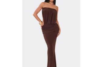 Bandeau Open Tie Back Ruched Maxi Dress in Chocolate Brown