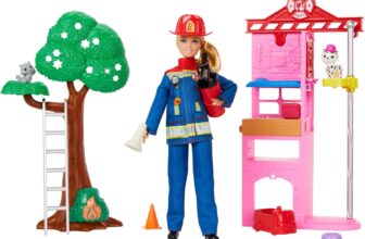 Barbie Careers Firefighter Doll & Playset with Fire Station & Tree, 2 Pets, Color-Change & 10 Accessories Including Fire Extinguisher Squirt Toy, HRG55