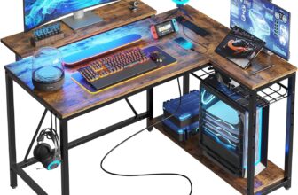 Bestier 106.5CM L-Shaped Desk with 3 Power Outlets, 2 USB Ports & LED Strip Lights, Reversible Corner Workstation with Shelves & Hooks for Office & Gaming
