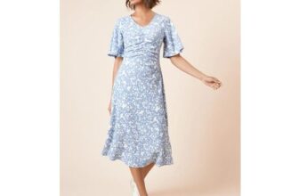 Blue Floral Angel Sleeve Ruched Front Jersey Midi Dress