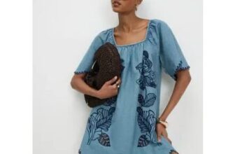 Blue Floral Embroidered Denim Mini Dress