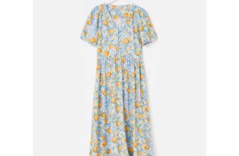 Blue Floral & Orange Print Puff Sleeve Midi Dress