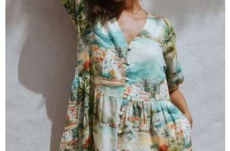 Blue House Print Short Sleeve Button Through Tiered Mini Dress with Linen (Available in Regular or Petite)