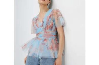 Blue Short Sleeve Tulle Top