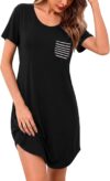 Bresdk Nightdresses for Women UK Short Sleeve Ladies Nighties Casual Nightshirt Nightdress Summer Crew Neck Nightwear Loungewear with Striped Pocket
