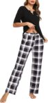 Bresdk Women Pyjama Set Cotton Checked Short Sleeve Loungewear 2 Pieces V-Neck Top & Bottom Sleepwear Soft Nightwear with Pockets Ladies Pjs Set