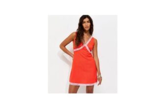 Bright Red Crinkle Texture V-Neck Lace Trim Mini Dress