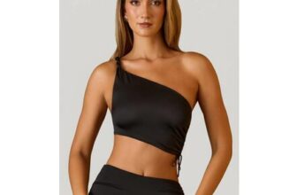Brisa Add to Wishlist Ruched Asymmetric Crop Top in Black