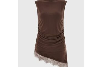Brown Lace Trim Longline Ruched Co Ord Top – 12