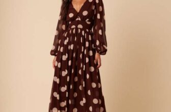 Brown Polka Dot Balloon Sleeve Anya Midi Dress, sizes 4 – 18 in Petite / Regular