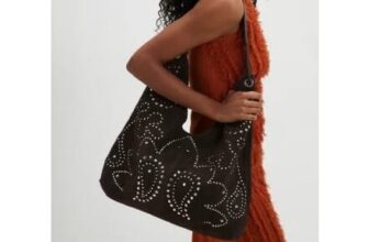 Brown Suede Studded Slouch Bag