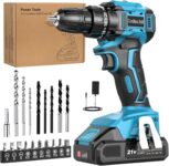 Brushless Cordless Drill Set, LEEIKOO Power Drill 21V with 2.0Ah Battery, Electric Drill 45N.m Max, 201 Torque, 2 Speed, LED Light, 21pcs Drills Set for Home, Garden DIY, Blue