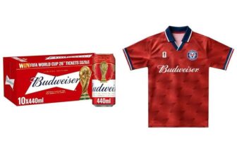 Budweiser Lager Beer Can, 10 x 440ml Budweiser Jersey Red Vintage Fit Shirt Bundle (S/M/L/XL)