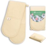 Butter Yellow Oven Gloves Thick Potholders Heat Resistant Quilted Cotton & Silicone Non-Slip Design Pot Holders for Baking Cooking BBQ Machine Washable Oven Mitts Kitchen Accessories