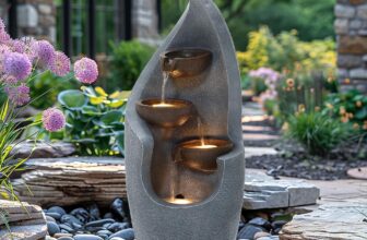 CHARLES BENTLEY 3 Tier Water Feature, UV Resistant, Weather Resistant, Mains Powered, Plug Included, Frost Resistant, Modern, Water Fountain, Built In LED Lights, Bronze, Polyresin (67×27.5x27cm)