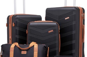 CONCEPTEN Expandable Hardshell Luggage Set 5 Piece, 22x14x9 Airline Approved Carry On, 20/24/28 Suitcase Set with TSA Lock, Spinner Wheels, ABSPC (Black)