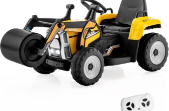COSTWAY 12V Electric Ride on Car, Kids Battery Powered Road Roller Tractor with Remote Control, Adjustable Drum Roller, LED Lights, Music and USB, for 3 Years Old Boys Girls