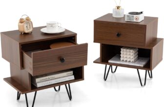 COSTWAY Bedside Tables Set of 2, Wooden Nightstand End Sofa Side Table with Removable Storage Drawer and Open Shelf, Metal Feet Irregular Bedside Cabinet for Living Room Bedroom (Walnut)